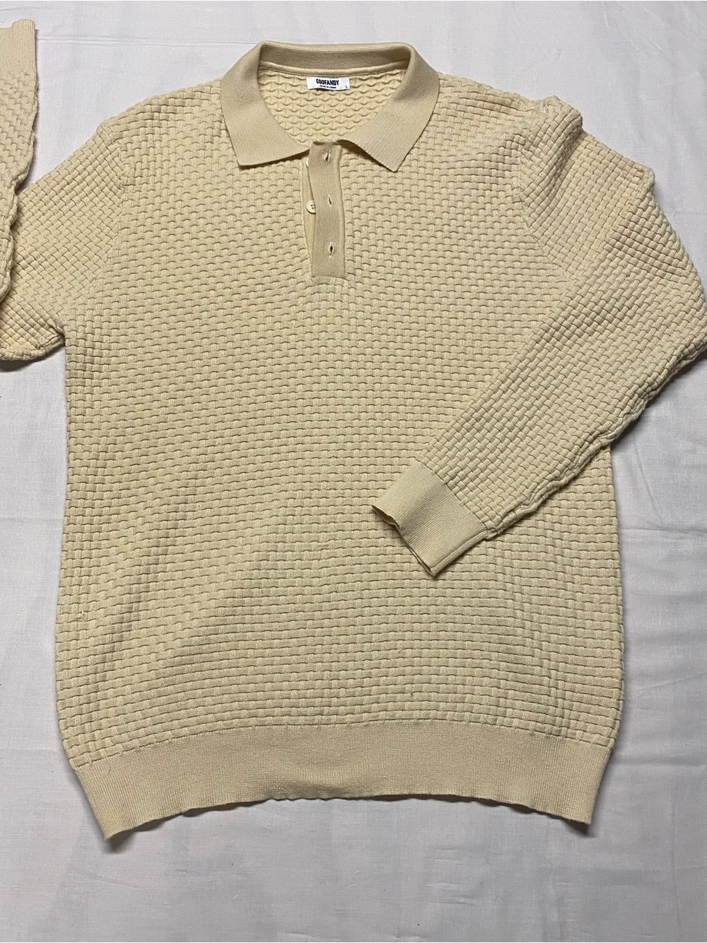 Men’s Cream Textured V-Neck Polo Sweater